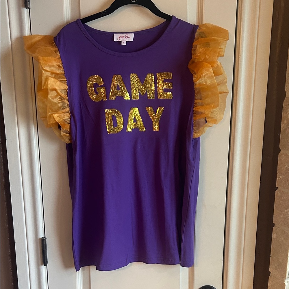 Purple 'Game Day' Top with Gold Ruffle Sleeves